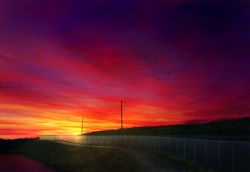 Rule 34 | cloud, cloudy sky, commentary, fence, grass, hill, mks, multicolored sky, no humans, original, outdoors, path, power lines, purple sky, red sky, red theme, river, road, scenery, sky, sunset