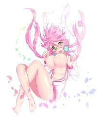 Rule 34 | 1girl, animal ears, animal hood, bad id, bad pixiv id, barefoot, breasts, falling, floating hair, full body, glasses, green eyes, hood, hooded jacket, jacket, large breasts, leg warmers, long hair, long sleeves, looking at viewer, nipples, open clothes, open jacket, pink hair, pom pom (clothes), rabbit ears, rabbit hood, ratio (ratio-d), scrunchie, solo, sweat, twintails, white background