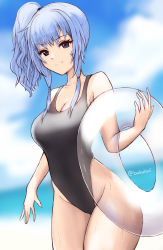 Rule 34 | 1girl, akalari, alternate costume, artist name, azur lane, black eyes, black one-piece swimsuit, blue hair, blurry, blurry background, breasts, cleavage, competition swimsuit, dutch angle, highleg, highleg swimsuit, highres, holding, holding swim ring, innertube, large breasts, long hair, one-piece swimsuit, side ponytail, solo, st. louis (azur lane), swim ring, swimsuit