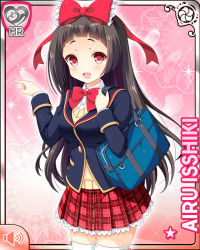 Rule 34 | 1girl, bag, black hair, blue jacket, bow, character name, crossover, girlfriend (kari), hair bow, isshiki airu, jacket, long hair, official art, open mouth, pink background, plaid, plaid skirt, pointing, qp:flapper, red bow, red eyes, red skirt, school uniform, shirt, skirt, smile, tagme, vest, white shirt, yellow vest