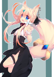 Rule 34 | 1girl, animal ears, bad id, bad pixiv id, black skirt, blonde hair, blue eyes, braid, bridal garter, corset, fang, from side, hair between eyes, half updo, kazato fuuchi, long hair, looking at viewer, looking back, open mouth, original, skirt, smile, solo, tail, thigh strap, twitter username, wrist cuffs