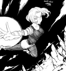 Rule 34 | 1girl, android 18, breasts, cloud, dated, dragon ball, dragonball z, flying, greyscale, looking at viewer, monochrome, open mouth, pantyhose, shirt, short hair, signature, skirt, solo, striped, tsukudani (coke-buta)