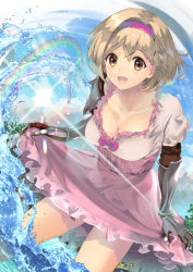 Rule 34 | 1girl, :d, bare legs, blonde hair, blush, bow, breasts, brown eyes, cleavage, collarbone, day, djeeta (granblue fantasy), dutch angle, gauntlets, granblue fantasy, hair between eyes, hair intakes, hairband, high-waist skirt, highres, medium breasts, medium hair, miniskirt, naruse hirofumi, open mouth, outdoors, pink bow, pink skirt, rainbow, red hairband, shirt, skirt, skirt hold, smile, solo, sunlight, wading, white shirt