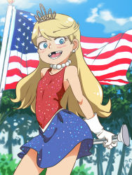 Rule 34 | 1girl, 4th of july, bare shoulders, blonde hair, blue eyes, blue skirt, blush, child, collarbone, contrapposto, cowboy shot, dress, earrings, eyelashes, facing viewer, feet out of frame, female focus, flag, flat chest, gloves, highres, holding, jcm2, jewelry, legs apart, lola loud, long hair, looking at viewer, miniskirt, missing tooth, nature, necklace, nose, open mouth, outdoors, patriotic, patriotism, pearl necklace, skirt, smile, solo, standing, swept bangs, teeth, the loud house, tiara, tongue, united states, white gloves