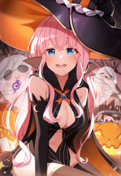 Rule 34 | 1girl, :d, alternate costume, bare shoulders, black cape, black hat, black sleeves, blue eyes, breasts, cape, cleavage, clothing cutout, commentary, detached sleeves, gem, ghost, gya (144), halloween, hat, highres, jack-o&#039;-lantern, large breasts, long hair, megurine luka, navel, navel cutout, neck ribbon, open mouth, orange cape, orange hat, orange ribbon, outdoors, pink hair, ribbon, sitting, smile, solo, teeth, thighhighs, two-sided cape, two-sided fabric, two-sided headwear, upper teeth only, very long hair, vocaloid, witch hat
