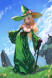 Rule 34 | 1girl, absurdres, blonde hair, blush, body markings, breasts, cleavage, corset, dress, flower, gemi ningen, green corset, green dress, hat, highres, large breasts, long dress, long hair, looking at viewer, original, pointy ears, sharp teeth, smile, solo, staff, teeth, witch, witch hat