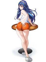 1girl absurdres alternate_costume ass bare_shoulders blue_eyes blue_hair blush brand_of_the_exalt breasts commission cup employee_uniform fire_emblem fire_emblem_awakening highres hooters long_hair looking_at_viewer looking_back lucina_(fire_emblem) medium_breasts mug nintendo no_legwear orange_shorts shirt shisshou_senkoku short_shorts shorts simple_background solo table tiara waitress white_background white_shirt