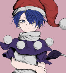 Rule 34 | 1girl, bags under eyes, blue capelet, blue eyes, blue hair, capelet, closed mouth, commentary request, doremy sweet, fe (tetsu), fingernails, grey shirt, hair over one eye, hat, looking at viewer, nightcap, parted bangs, pom pom (clothes), purple background, red hat, shirt, short hair, simple background, smile, solo, tail, tapir tail, touhou, turtleneck, upper body