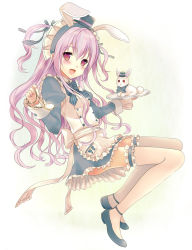 Rule 34 | 1girl, animal ears, apron, blush, dress, female focus, full body, gradient background, hat, highres, lolita fashion, long hair, maid headdress, mary janes, open mouth, original, pocket watch, purple hair, rabbit, rabbit ears, red eyes, shoes, sitting, smile, solo, thighhighs, twintails, watch, white background, white thighhighs, yuuki rika