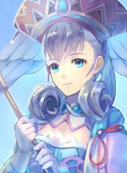 Rule 34 | 1girl, artist request, blue background, blue eyes, blush, breasts, cape, curly hair, elbow gloves, gloves, hat, head wings, highres, long hair, looking at viewer, medium breasts, melia antiqua, nintendo, silver hair, simple background, smile, solo, thighhighs, wings, xenoblade chronicles (series), xenoblade chronicles 1