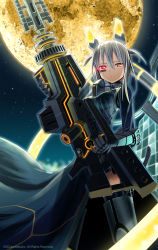 Rule 34 | 1girl, absurdres, armor, armored boots, boots, cape, cosmic break, dress, gauntlets, glowing, glowing eye, grey hair, gun, headgear, highres, looking at viewer, moon, morizo cs, night, night sky, official art, red eyes, rifle, rinka lynx, sky, sniper, sniper rifle, solo, tattoo, weapon