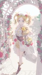 Rule 34 | 1girl, :d, absurdres, basket, blonde hair, blue eyes, boots, brown footwear, dress, fire emblem, fire emblem awakening, fire emblem heroes, flower, flower basket, full body, hair flower, hair ornament, highres, holding, holding basket, holding staff, leg up, lissa (fire emblem), looking at viewer, nintendo, official alternate costume, open mouth, smile, sokoo, solo, staff, twintails