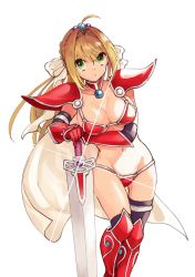 Rule 34 | 10s, 1girl, ahoge, armor, armored boots, bikini armor, black thighhighs, blonde hair, boots, breasts, broadsword, cape, choker, cleavage, collarbone, cosplay, elizabeth bathory (brave) (fate), elizabeth bathory (brave) (fate) (cosplay), elizabeth bathory (fate), fate/extra, fate/grand order, fate (series), gloves, green eyes, hair intakes, hair ribbon, hip focus, knee boots, large breasts, long hair, looking at viewer, navel, nero claudius (fate), nero claudius (fate) (all), nero claudius (fate/extra), pauldrons, red armor, red footwear, ribbon, shoulder armor, simple background, solo, susu bal, sword, thighhighs, thighs, tiara, vambraces, weapon, white background, white cape, white ribbon