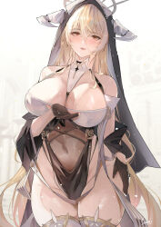 Rule 34 | 1girl, azur lane, bare shoulders, between breasts, black gloves, black headwear, blonde hair, blush, breasts, brown eyes, commentary request, covered navel, dress, fake horns, gloves, hair between eyes, half gloves, halo, horns, implacable (azur lane), large breasts, long bangs, long hair, looking at viewer, nun, open mouth, orange eyes, parted lips, pelvic curtain, revealing clothes, sea nami, shirt slip, simple background, smile, solo, standing, thighhighs, two-tone dress, white background, white horns, white thighhighs