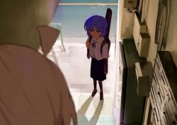 Rule 34 | 2girls, ahoge, arm at side, black ribbon, black skirt, blonde hair, blue hair, blurry, blurry foreground, bocchi the rock!, brown footwear, brown pantyhose, carpet, closed mouth, collared shirt, day, depth of field, expressionless, full body, guitar case, hand up, highres, holding strap, ijichi nijika, industrial pipe, instrument case, kamukamu810, looking at another, multiple girls, neck ribbon, outdoors, pantyhose, photo background, railing, ribbon, road, shadow, shirt, shirt tucked in, shoes, short hair, short sleeves, skirt, standing, strap, street, white shirt, yamada ryo