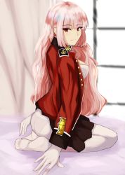 Rule 34 | 1girl, alternate hairstyle, blunt bangs, commentary request, curtains, fate/grand order, fate (series), florence nightingale (fate), gloves, hair down, highres, jacket, long hair, looking at viewer, looking back, no shoes, on bed, panties, panties under pantyhose, pantyhose, pink hair, red eyes, red jacket, seiza, sitting, solo, underwear, white gloves, white pantyhose, window, yamikyon