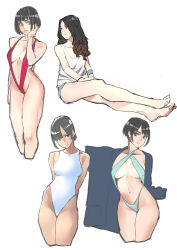 Rule 34 | 4girls, absurdres, arms behind back, barefoot, black hair, blue eyes, bob cut, breasts, cleavage, collage, criss-cross halter, cropped legs, full body, halterneck, highleg, highleg swimsuit, highres, large breasts, long hair, makai, medium breasts, multiple girls, one-piece swimsuit, original, parted bangs, red one-piece swimsuit, short hair, sitting, slingshot swimsuit, swimsuit, white one-piece swimsuit