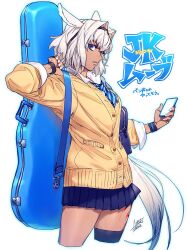 Rule 34 | 1girl, animal ears, azusa (hws), bag, black bag, black hairband, black thighhighs, black wristband, blue eyes, blue necktie, blue skirt, body markings, buttons, caenis (fate), cardigan, cellphone, contemporary, cropped legs, dark-skinned female, dark skin, fate/grand order, fate (series), guitar case, hair intakes, hairband, hand up, holding, holding phone, holding strap, horse ears, instrument case, instrument on back, long hair, long sleeves, looking at viewer, looking to the side, nail polish, necktie, parted lips, phone, pleated skirt, ponytail, school bag, school uniform, shirt, signature, simple background, single thighhigh, skirt, smartphone, solo, striped necktie, thighhighs, translated, white background, white hair, white nails, white shirt, yellow cardigan