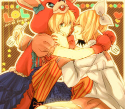 Rule 34 | 1boy, 1girl, :d, animal costume, anko ume (ra furaaannsu), blonde hair, bow, closed eyes, fork, gloves, hair bow, hand on another&#039;s face, heart, kagamine len, kagamine rin, lol -lots of laugh- (vocaloid), open mouth, pants, rabbit costume, sitting, skirt, smile, star (symbol), striped background, striped clothes, striped pants, vocaloid