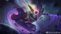 Rule 34 | 1boy, alternate costume, armor, artist name, capelet, colored skin, commentary, dark cosmic (league of legends), english commentary, glowing, glowing eyes, helmet, highres, league of legends, male focus, no mouth, planet, purple skin, see you, solo, space, space print, starry sky print, yasuo (league of legends)