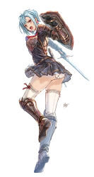 Rule 34 | 1girl, armor, blue hair, breastplate, brown eyes, earrings, fantasy, from behind, full body, greaves, highres, holding, holding sword, holding weapon, jewelry, kazeno, looking at viewer, open mouth, original, panties, pantyshot, pleated skirt, scabbard, sheath, shield, short hair, simple background, skirt, solo, sword, thighhighs, underwear, weapon, white background, white thighhighs