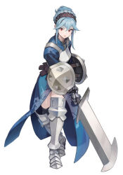 Rule 34 | 1girl, armor, blue hair, braid, braided bun, breastplate, buckler, full body, gloves, hair between eyes, hair bun, hairband, holding, holding sword, holding weapon, looking at viewer, noma takafumi, official art, red eyes, shield, solo, standing, sword, thighs, third-party source, unicorn overlord, virginia (unicorn overlord), weapon, white background