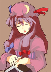 Rule 34 | 1girl, book, closed eyes, crescent, crescent hat ornament, female focus, hat, hat ornament, long hair, mie haru, mieharu, patchouli knowledge, purple hair, ribbon, simple background, sleeping, solo, touhou, upper body