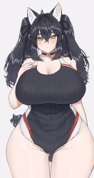 Rule 34 | 1girl, animal ears, bare shoulders, belt collar, black hair, black one-piece swimsuit, breasts, cat ears, cleavage, collar, cowboy shot, curvy, hair between eyes, highres, huge breasts, kakanashi1, kemonomimi mode, looking at viewer, muffin top, one-piece swimsuit, original, simple background, solo, swimsuit, thick thighs, thighs, twintails, white background, wide hips, yellow eyes