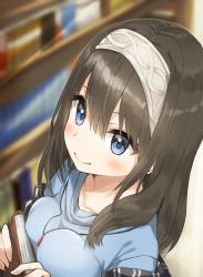Rule 34 | 1girl, applepie (12711019), black hair, blue eyes, blue sweater, blurry, blurry background, blush, book, bookshelf, breast press, breasts, closed mouth, hair between eyes, hairband, highres, holding, holding book, idolmaster, idolmaster cinderella girls, jewelry, large breasts, long hair, long sleeves, looking at viewer, necklace, sagisawa fumika, shawl, smile, solo, sweater