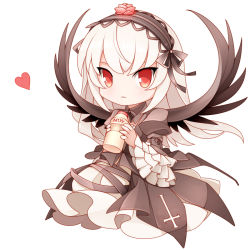 Rule 34 | 00s, 1girl, bottle, dress, flower, frills, gothic lolita, hairband, heart, lolita fashion, long hair, looking at viewer, mtyy, red eyes, rose, rozen maiden, shiny skin, silver hair, solo, suigintou, wings, yakult