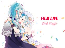 Rule 34 | 2girls, bang dream!, bare shoulders, blue cape, blush, braid, cape, capelet, chromatic aberration, closed mouth, commentary, confetti, detached sleeves, dress, earrings, frilled capelet, frills, green eyes, highres, hikawa hina, hikawa sayo, idol, idol clothes, jewelry, light particles, long hair, looking at another, medium hair, multiple girls, open mouth, puffy short sleeves, puffy sleeves, ribbon, short sleeves, siblings, sidelocks, simple background, smile, teeth, twin braids, twins, upper body, upper teeth only, white background, white capelet, white dress, white headwear, wrist cuffs, yellow ribbon, zihacheol