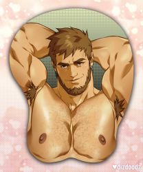 Rule 34 | 1boy, armpit hair, armpits, arms behind head, bara, beard, body hair, breast mousepad, brown eyes, cayden (dizdoodz), chest hair, dizdoodz, earrings, facial hair, highres, jewelry, large pectorals, light brown hair, looking at viewer, male focus, mousepad, mousepad (medium), muscular, muscular male, nipples, original, pectorals, seductive smile, short hair, simple background, smile, solo, thick eyebrows