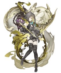 Rule 34 | 1girl, arrow (projectile), bare shoulders, belt, birdcage, boots, bow (weapon), brown hair, cage, dark persona, detached sleeves, empty eyes, energy arrow, expressionless, flat chest, full body, garter straps, green eyes, gretel (sinoalice), half-nightmare, hansel (sinoalice), hood, hood up, ji no, looking at viewer, male focus, official art, pale skin, sinoalice, solo, thigh boots, thighhighs, transparent background, weapon