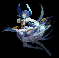 Rule 34 | 1girl, absurdres, alternate costume, bare shoulders, bird girl, bird legs, bird tail, bird wings, black background, blue eyes, blue gemstone, blue hair, bow (weapon), bridal gauntlets, chinese commentary, collared dress, commentary request, drawing bow, dress, feathered wings, final fantasy, final fantasy xiv, floating hair, frilled dress, frills, from side, full body, fur-trimmed gloves, fur trim, gem, gloves, glowing, glowing weapon, head wings, highres, holding, holding bow (weapon), holding weapon, jumping, looking at viewer, magic, meteion, midair, monster girl, multiple wings, outstretched arm, sakashima3, sample watermark, short hair, simple background, solo, tail, talons, watermark, weapon, white gloves, wings