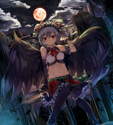 Rule 34 | 10s, 1girl, absurdres, black wings, drill hair, dutch angle, feathered wings, full moon, hairband, highres, idolmaster, idolmaster cinderella girls, kanzaki ranko, lolita hairband, long hair, moon, pantyhose, red eyes, seneto, silver hair, solo, twin drills, twintails, wings