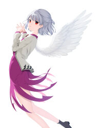 Rule 34 | 1girl, absurdres, angel wings, commentary request, dress, feathered wings, flat chest, grey hair, highres, jacket, kishin sagume, legs, long sleeves, looking at viewer, norichiizu, open clothes, open jacket, purple dress, red eyes, short hair, simple background, single wing, solo, steepled fingers, touhou, white background, white wings, wings