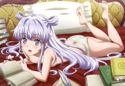 Rule 34 | 1girl, :d, absurdres, ass, bare arms, barefoot, bed sheet, blue eyes, blue hair, book, book stack, bookmark, breasts, butt crack, dia viekone, feet, green panties, hair rings, highres, holding, light blue hair, long hair, looking at viewer, lying, megami magazine, official art, on bed, on stomach, open mouth, panties, pillow, quill, reading, scan, sekai saikou no ansatsusha isekai kizoku ni tensei suru, small breasts, smile, soles, solo, tamura masafumi, thighs, toes, topless, underwear