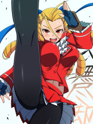 Rule 34 | 1girl, antenna hair, blonde hair, bow, boxing gloves, breasts, brown eyes, ascot, drill hair, female focus, fighting stance, fingerless gloves, gloves, hair bow, hair slicked back, high kick, highres, kanzuki karin, kicking, kneepits, konboi-eg, large breasts, leg up, long hair, looking at viewer, midriff, pantyhose, ringlets, skirt, smile, solo, street fighter, street fighter v