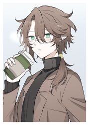 Rule 34 | 1boy, asymmetrical sidelocks, black sweater, border, breath, brown hair, clamor (elsword), coffee cup, contemporary, cup, curtained hair, disposable cup, elf, elsword, glasses, green eyes, grey background, hair between eyes, hair over shoulder, hand up, hasyu (0n3ushu), holding, holding cup, lapels, long hair, looking at viewer, low ponytail, male focus, notched lapels, parted lips, pointy ears, round eyewear, simple background, solo, sweater, turtleneck, turtleneck sweater, upper body, white border