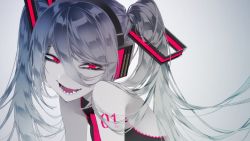 Rule 34 | 1055, 1girl, bare shoulders, black shirt, colored skin, evil smile, gradient background, grey background, grey hair, hair between eyes, half-closed eyes, hatsune miku, headphones, highres, long hair, number tattoo, open mouth, red eyes, sharp teeth, shirt, shoulder tattoo, sleeveless, sleeveless shirt, smile, solo, tattoo, teeth, twintails, upper body, vocaloid