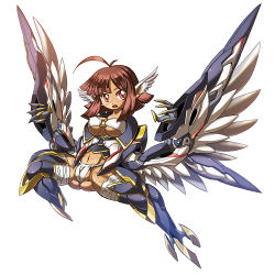 Rule 34 | 1girl, ahoge, bandages, breasts, brown hair, cameltoe, claws, covered erect nipples, cyborg, fat mons, flying, full body, harpy, head wings, key-chang, large breasts, mechanical legs, mechanical wings, monster girl, navel, open mouth, original, red eyes, scar, simple background, slit pupils, solo, spread legs, underboob, white background, winged arms, wings