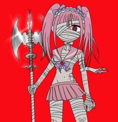 Rule 34 | 1girl, alternate costume, axe, bandage on face, bandage on hip, bandage over one eye, bandaged arm, bandaged hand, bandaged leg, bandages, bandaid, bandaid on leg, bow, bowtie, expressionless, ezaki bisuko, hairband, holding, holding axe, holding weapon, injury, looking at viewer, menhera-chan (ezaki bisuko), menhera-chan (ezaki bisuko) (character), navel, pink hair, pink sailor collar, pink skirt, pleated skirt, purple bow, red background, red eyes, sailor collar, sarashi, self-harm scar, skirt, solo, twintails, weapon, white bow, white bowtie, wrist cutting