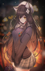 Rule 34 | 1girl, absurdres, animal ears, backlighting, bag, blurry, blush, breasts, brown hair, brown sweater, casual, closed mouth, crying, crying with eyes open, depth of field, girls&#039; frontline, grey scarf, grey skirt, hair ornament, highres, holding, holding bag, long hair, long sleeves, medium breasts, miniskirt, night, official alternate costume, outdoors, paya (aejx2345), plaid, plaid scarf, plaid skirt, pleated skirt, railing, scarf, skirt, smile, solo, sweater, tears, type 95 (girls&#039; frontline), type 95 (pure white graduation) (girls&#039; frontline), very long hair, white headwear, yellow eyes