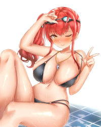 Rule 34 | 1girl, ahoge, alternate costume, arm up, azur lane, bare shoulders, bikini, black bikini, blush, breasts, brown eyes, collarbone, gatchapowa, goggles, goggles on head, hand up, knee up, large breasts, long hair, looking at viewer, navel, o-ring, o-ring bikini, one eye closed, pulled by self, red hair, shiny skin, side ponytail, sidelocks, sitting, skindentation, smile, solo, strap pull, swimsuit, thighs, tile floor, tiles, w, wet, wet hair, whistle, whistle around neck, zara (azur lane), zara (poolside coincidence) (azur lane)
