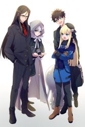 Rule 34 | 2boys, 2girls, add (fate), black hair, black headwear, black suit, blonde hair, blue eyes, blue scarf, blush, boots, brown footwear, brown gloves, buttons, cape, cloak, commentary request, creature, cube, echo (circa), closed eyes, fate/grand order, fate (series), flower, formal, fujimaru ritsuka (male), fur trim, gloves, gray (fate), green eyes, grey hair, grey ribbon, hair between eyes, hair flower, hair ornament, hand in pocket, hat, holding, hood, hood up, hooded cloak, long hair, lord el-melloi ii, lord el-melloi ii case files, mini hat, multiple boys, multiple girls, necktie, open mouth, pantyhose, red neckwear, reines el-melloi archisorte, ribbon, rose, scarf, short hair, simple background, spiked hair, suit, volumen hydragyrum (fate), waver velvet, white background, white flower, white rose