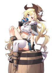 Rule 34 | 1girl, arm support, barrel, belt, black gloves, blonde hair, blue eyes, blue shorts, blush, breasts, brown footwear, can, colt revolver (girls&#039; frontline), cowboy hat, drinking, fur trim, girls&#039; frontline, gloves, hat, high heels, highres, holding, long hair, looking at viewer, low twintails, medium breasts, midriff, navel, one eye closed, partially fingerless gloves, shirt, short shorts, shorts, simple background, single thighhigh, sitting, solo, star (symbol), star tattoo, tattoo, thighhighs, tied shirt, twin (tt lsh), twintails, very long hair, white background, white thighhighs