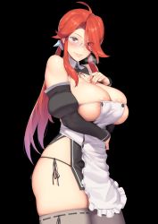 Rule 34 | 1girl, ahoge, apron, areola slip, black background, blush, breasts, breath, closed mouth, cowboy shot, creatures (company), detached collar, detached sleeves, female focus, frilled apron, frills, game freak, glasses, hair over one eye, hakai shin, hand on own chest, hand up, highres, huge breasts, legs, long hair, looking at viewer, lorelei (pokemon), matching hair/eyes, nearly naked apron, nintendo, panties, pokemon, pokemon frlg, red eyes, red hair, revealing clothes, simple background, smile, solo, standing, string panties, thighhighs, thighs, underwear