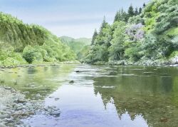 abe_toshiyuki blue_sky commentary_request day forest grass nature no_humans original outdoors painting_(medium) pebble reflection river scenery signature sky traditional_media tree water watercolor_(medium)