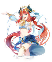 Rule 34 | 1girl, :d, absurdres, aqua eyes, bare shoulders, blue skirt, breasts, circlet, cowboy shot, crop top, detached sleeves, genshin impact, gold trim, harem outfit, highres, horns, koki (latte1023), long hair, long sleeves, looking at viewer, low twintails, medium breasts, navel, nilou (genshin impact), open mouth, outstretched hand, puffy long sleeves, puffy sleeves, red hair, reflection, reflective water, sidelocks, simple background, skirt, smile, solo, stomach, thighlet, thighs, twintails, vambraces, veil, very long hair, vision (genshin impact), wading, water, water drop, white background