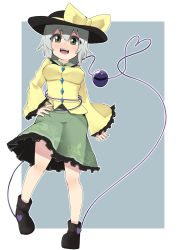 Rule 34 | 1girl, absurdres, black footwear, black hat, blouse, blue background, blush, boots, breasts, buttons, collared shirt, diamond button, eyeball, fang, floral print, frilled shirt collar, frilled skirt, frilled sleeves, frills, full body, green eyes, green skirt, grey hair, hair between eyes, hand on own hip, hat, hat ribbon, heart, heart of string, highres, komeiji koishi, long sleeves, looking at viewer, medium breasts, medium hair, medium skirt, open mouth, ribbon, rose print, shirt, skirt, smile, solo, standing, standing on one leg, teeth, third eye, topadori, touhou, upper teeth only, wavy hair, white background, wide sleeves, yellow ribbon, yellow shirt